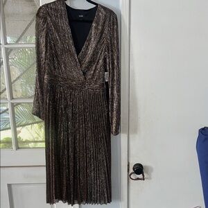 MSK Shimmery Bronze V-Neck Pleated Long Sleeve Dress